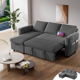 Dyonery - 81 "pull-out sofa, reclining backrest, reversible storage lounge chair, tool-free assembly, corduroy - Gray