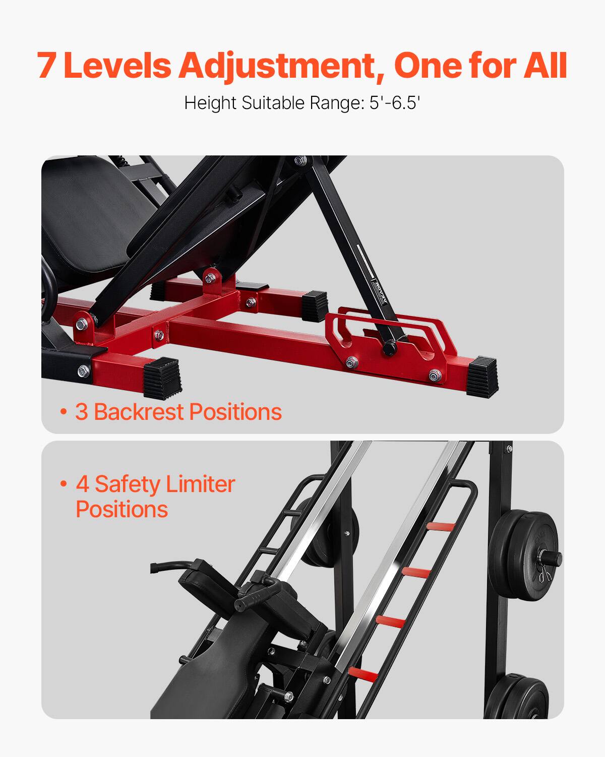 7 Levels Adjustment, One for All  
Height Suitable Range: 5'-6.5'  

- 3 Backrest Positions  
- 4 Safety Limiter Positions