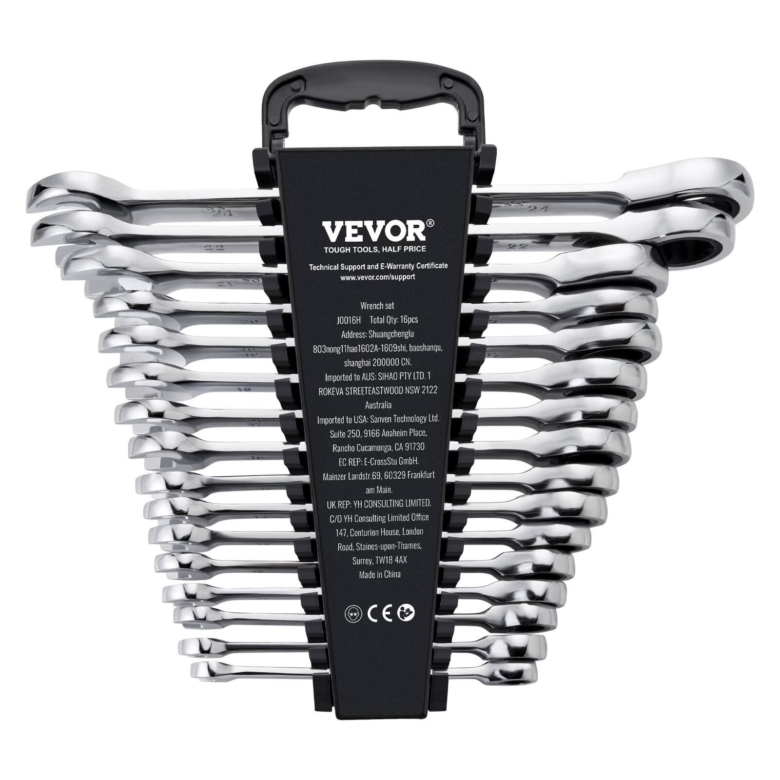 VEVOR  
TOUGH TOOLS HALF PRICE  
Technical Support and E-Warranty Certificate  
www.vevor.com/support  

Wrench set  
J001EH  
Total Qty: 16pcs  

Address: Shuangchenglu 99, baoshanqu, shanghai 200000, CN.  

Imported to AUS:  
AUSISIHAO PIY LTD  
ROKEVA STREETEASTWOOD NSW 2122  
Australia  

Imported to USA:  
Sanven Technology M  
Suite 250, 9166 Anaheim Place, Rancho Cucamonga, CA 91730  

EC REP:  
E-CressStu GmbH  
Mainzer Landstr 59  
60329 Frankfurt am Main  
Germany  

UK REP:  
YH CONSULTING LIMITED  
C/O YH Consulting Limited  
Office 141, Conturien House  
London Road, Staines-upon-Thames  
Surrey, TW18 4AX  

Made in China  
CE