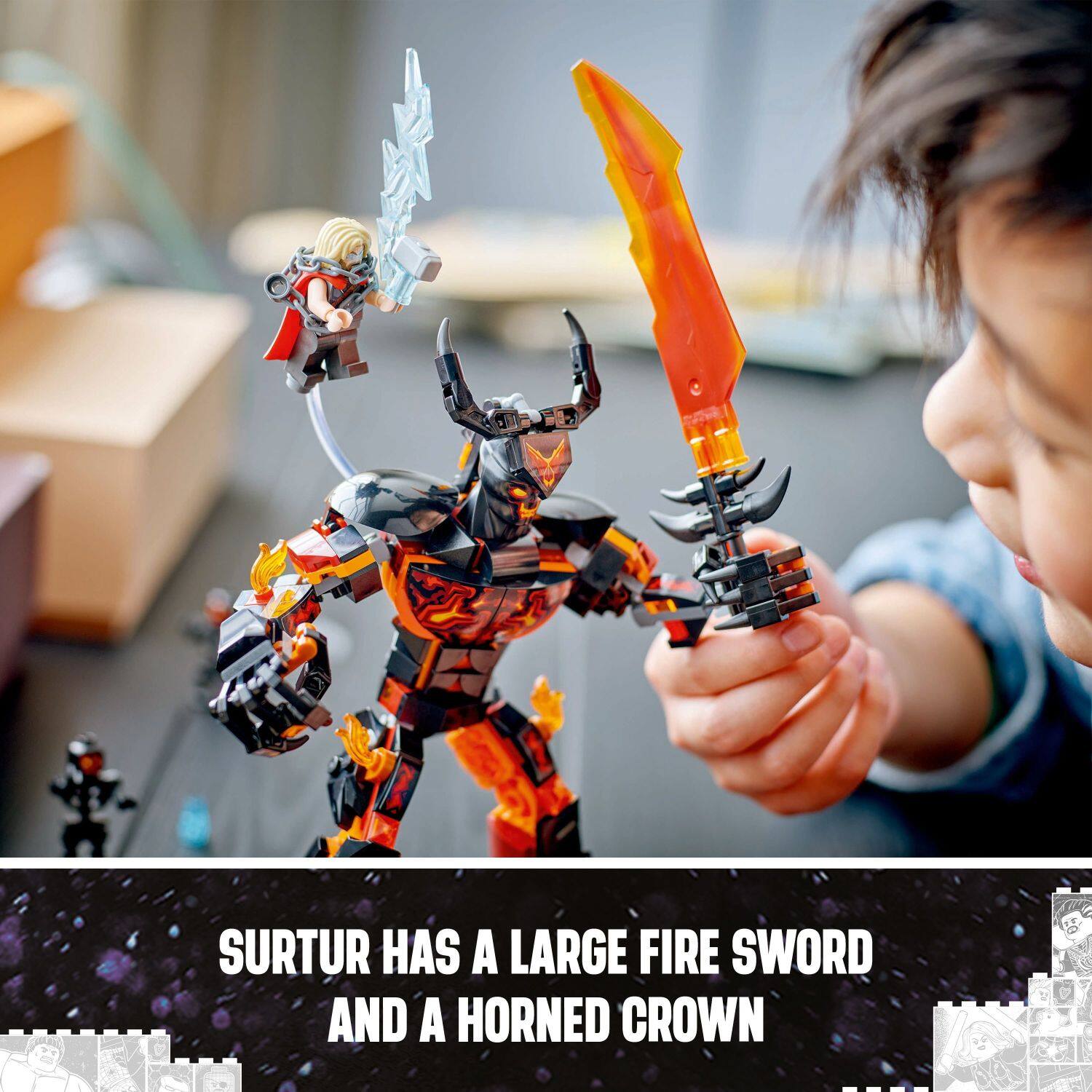 Surtur has a large fire sword and a horned crown.