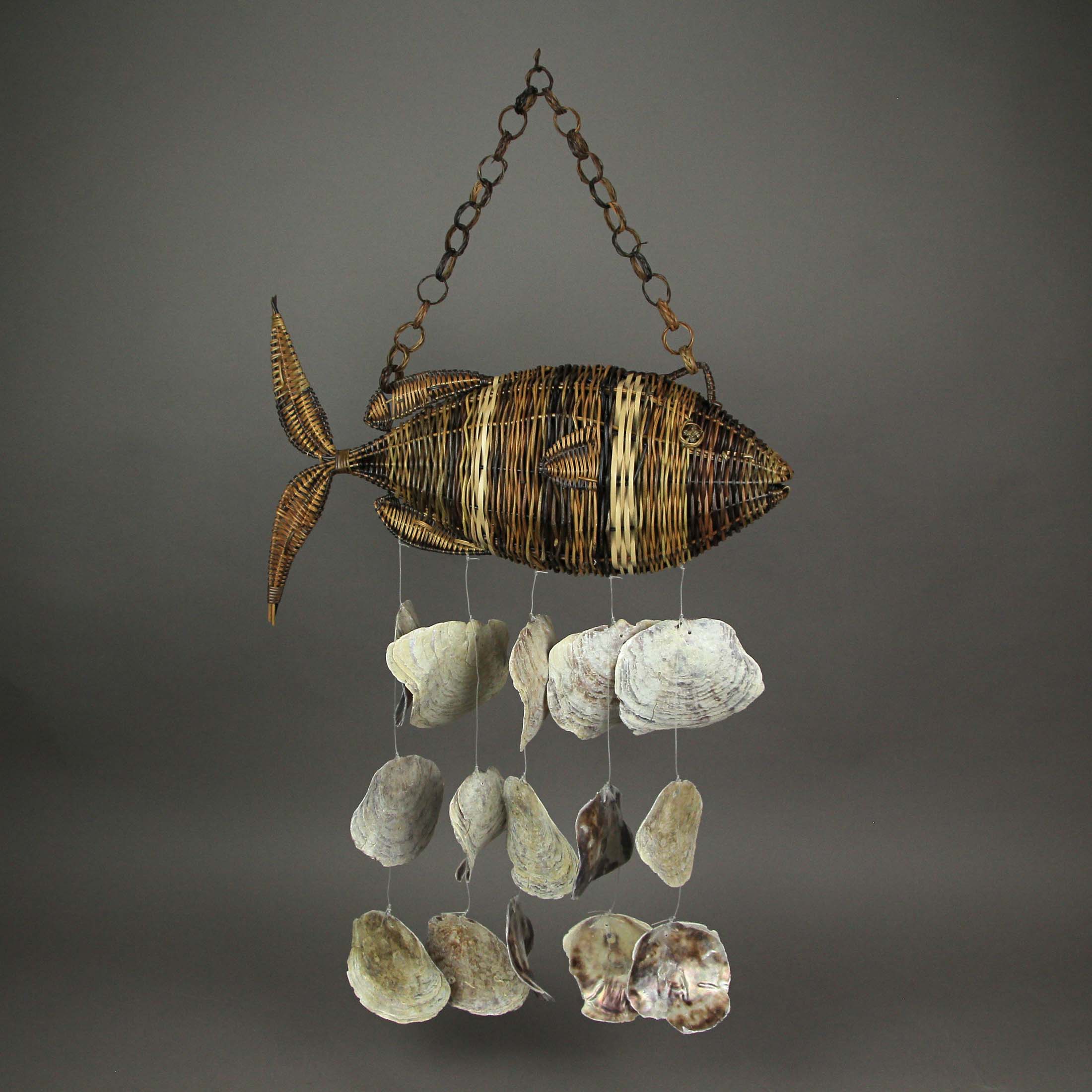 Alt View 3. J.D. Yeatts - Large Woven Rattan Fish Shaped Capiz Shell Wind Chime 31 Inches High - Brown.