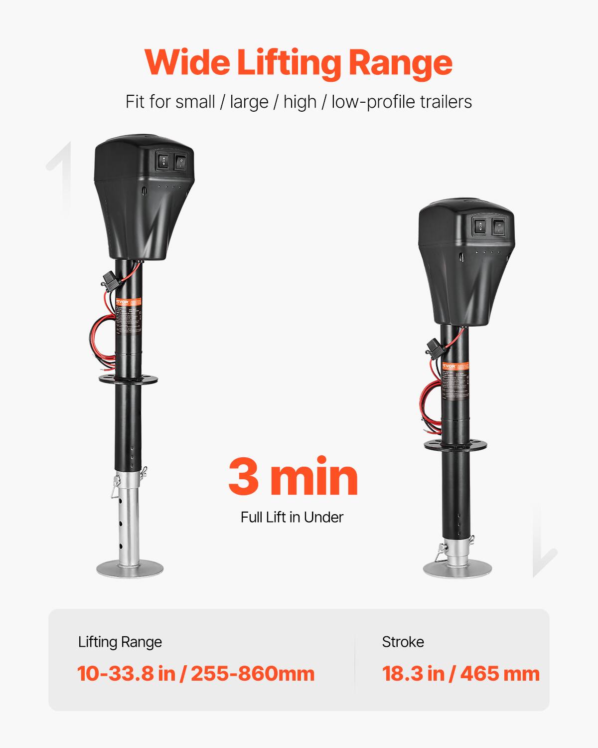 Wide Lifting Range  
Fit for small / large / high / low-profile trailers  

3 min Full Lift in Under  

Lifting Range  
10-33.8 in / 255-860mm  

Stroke  
18.3 in / 465 mm