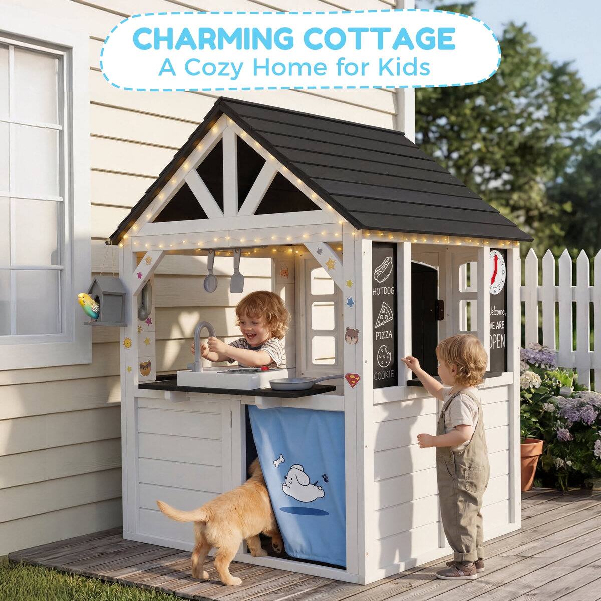 CHARMING COTTAGE  
A Cozy Home for Kids

HOTDOG PIZZA 00

Welcome  
WE ARE OPEN

COOKIE
