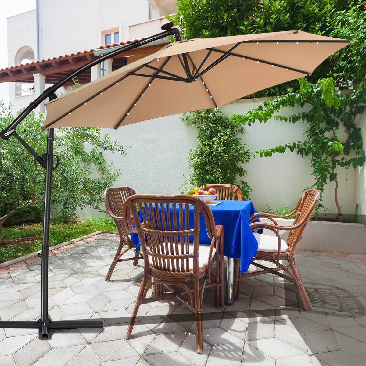 Alt View 4. Costway - 10FT Patio Offset Umbrella Solar Powered LED 360 degrees Rotation Aluminum - Beige.
