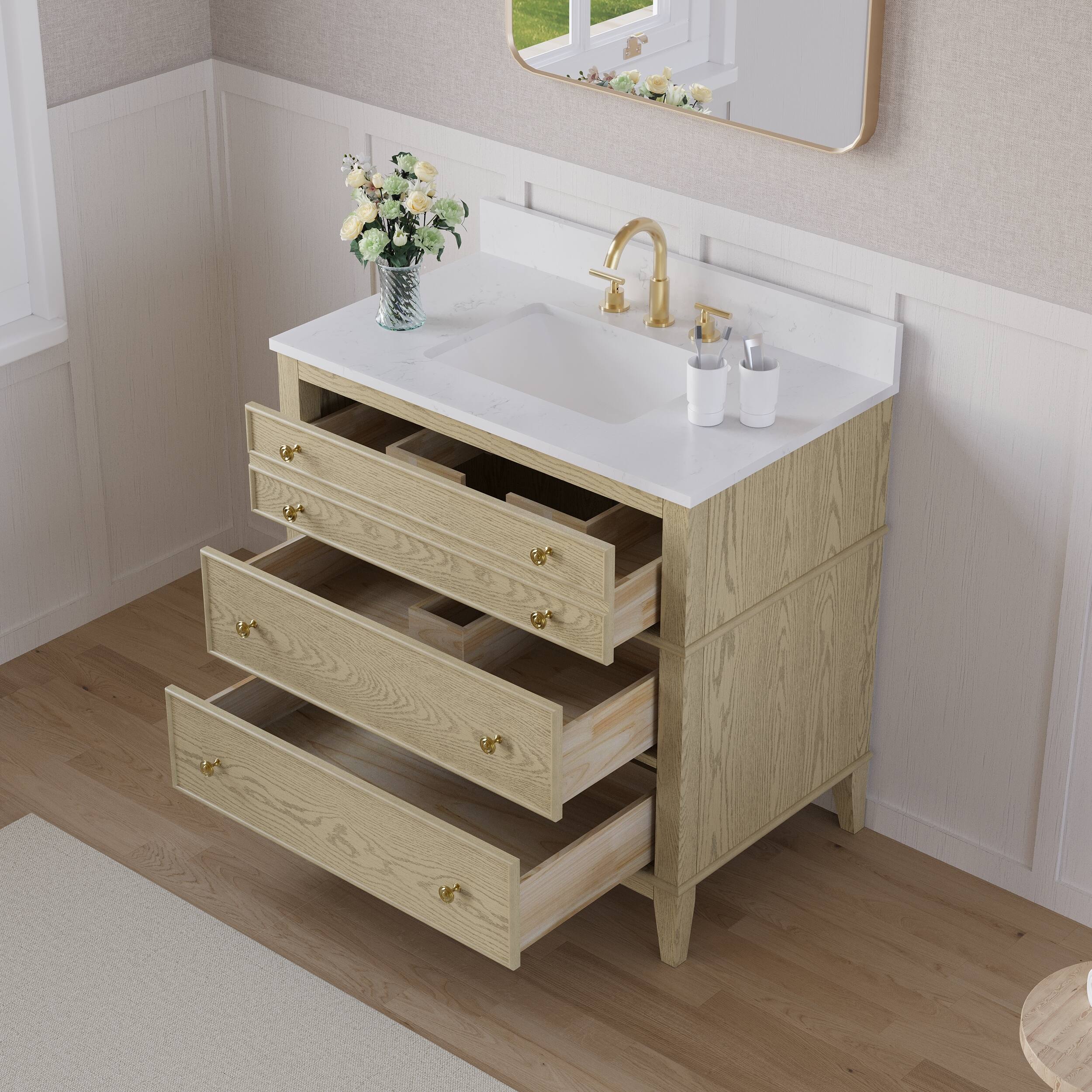 Back. WELLFOR - MEGAN 36 in. Freestanding Solid Wood Bath Vanity with Quartz Top, Single Sink, Soft Close, Assembled - OAK.