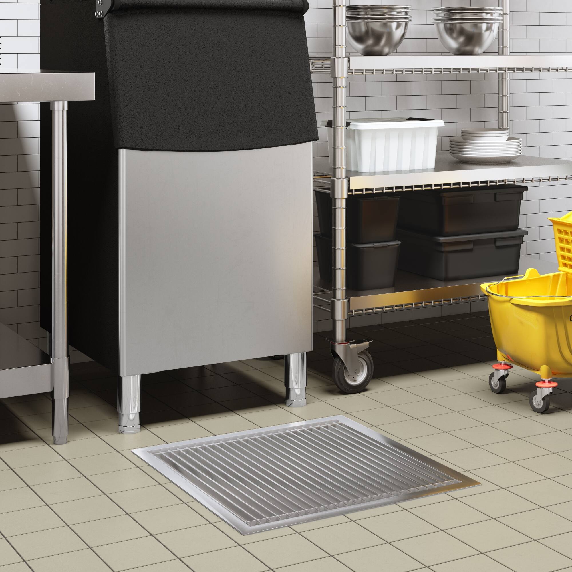 Left. Koolmore - 24" x 24" Stainless Steel Floor Trough Drain, 14-Gauge with Subway-Style Grating & Removable Drain Basket, NSF Listed - Stainless-Steel.