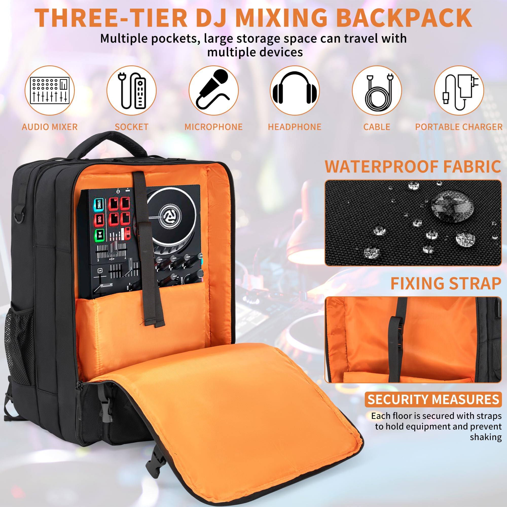 Alt View 1. Cozy Serene - Dj Mixer Travel Backpack 15"x9.8"x21.6" For Controller Multi pockets With Usb Port Two Equipments Laptop Vinyl Records - Default.