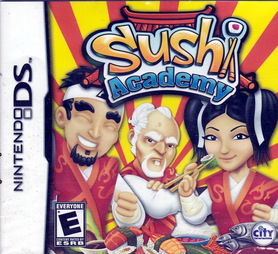 Sure, here is the corrected and grouped text from the image:

---

**Top Left:**
- NINTENDODS™

**Top Center:**
- Sushi Academy

**Bottom Left:**
- EVERYONE
- E
- CONTENT RATED BY ESRB

**Bottom Right:**
- city interactive

**Bottom Center:**
- TM Sushi Academy BDS NINTENDO S EVERYONE C E CitY D BY interactive CONTENT RATED ESRB