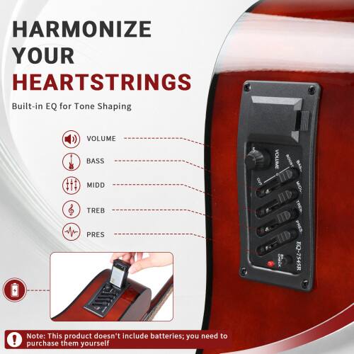 HARMONIZE YOUR HEARTSTRINGS  
Built-in EQ for Tone Shaping

VOLUME  
BASS  
MIDD  
TREB  
PRES  
CUT

VOLUME  
BOOST  
BAB  
MIDL  
TRES.  
PRES.  
EQ-7545R

Note: This product doesn't include batteries; you need to purchase them yourself