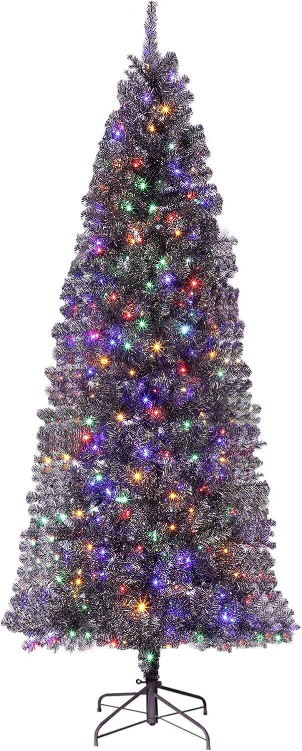 Front. Acekool - 7.5ft Pre-Lit Black Pencil Christmas Tree with LED Lights, Artificial Slim Tree - Black.