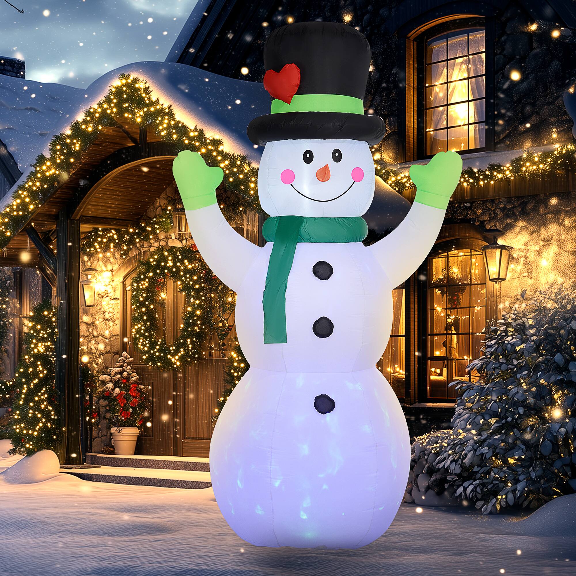 Alt View 7. Outsunny - 10FT Christmas Inflatables Cheerful Snowman in Black Hat, Green Scarf and Gloves, for Lawn Garden Party - White.
