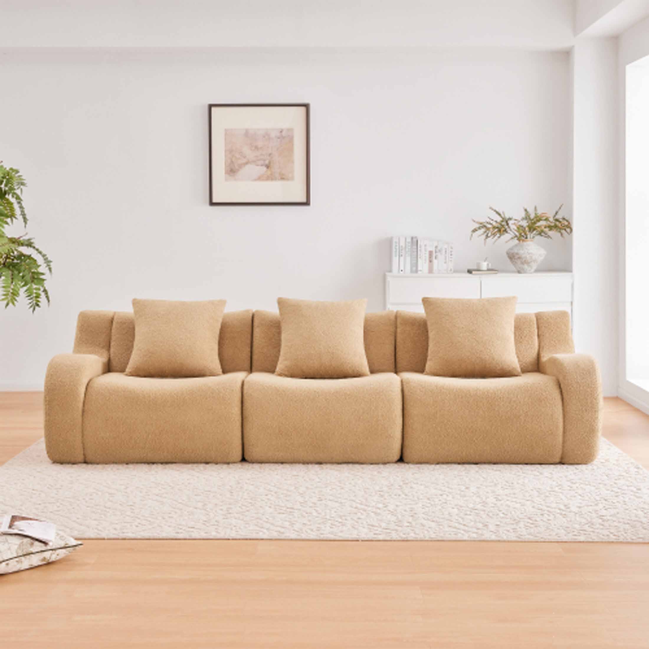 Angle. Aukfa - Modular Teddy Fabric Sofa - 3-Seat Convertible Sectional, Soft Boneless Design for Living Room - Camel.