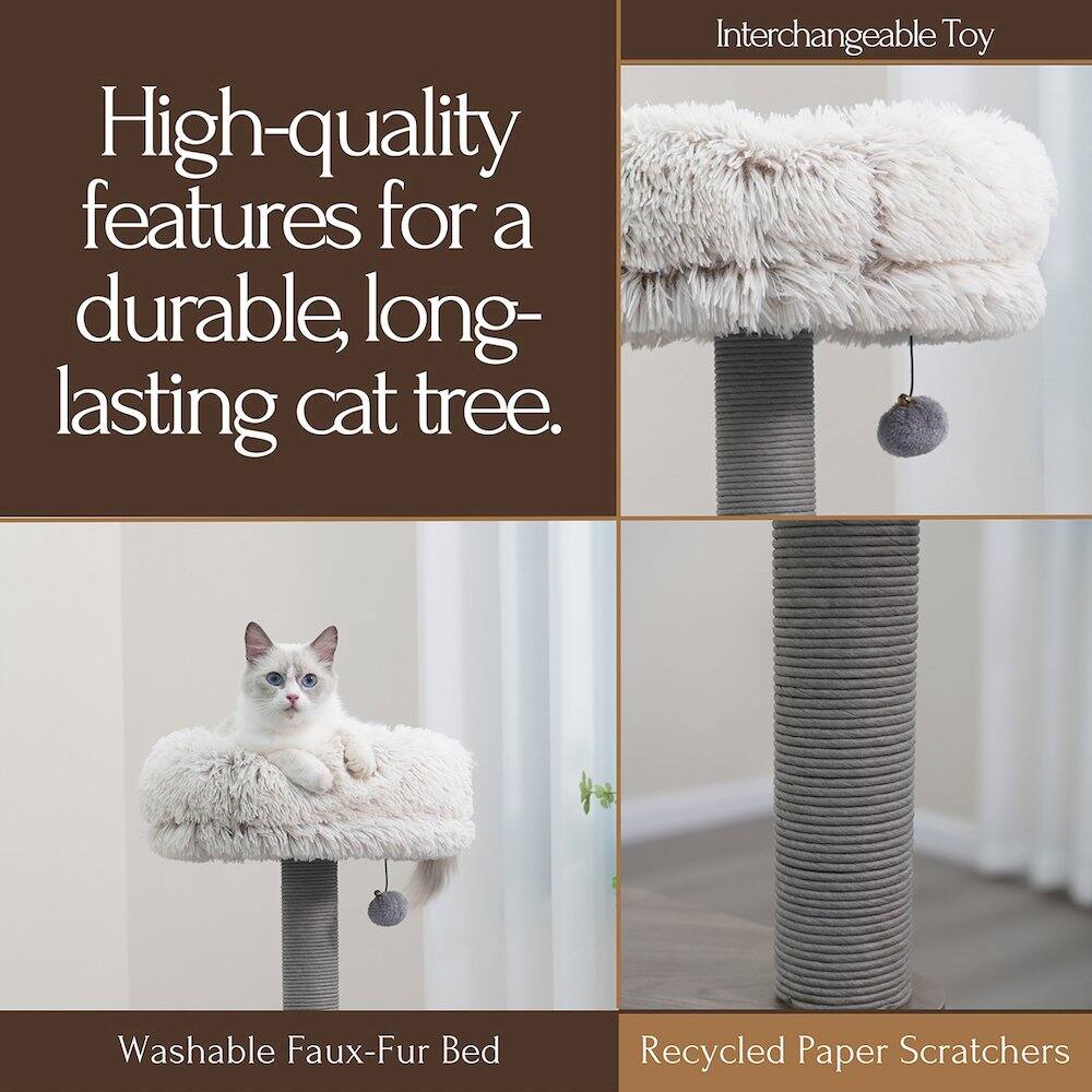 High-quality features for a durable, long-lasting cat tree.

Interchangeable Toy

Washable Faux-Fur Bed

Recycled Paper Scratchers