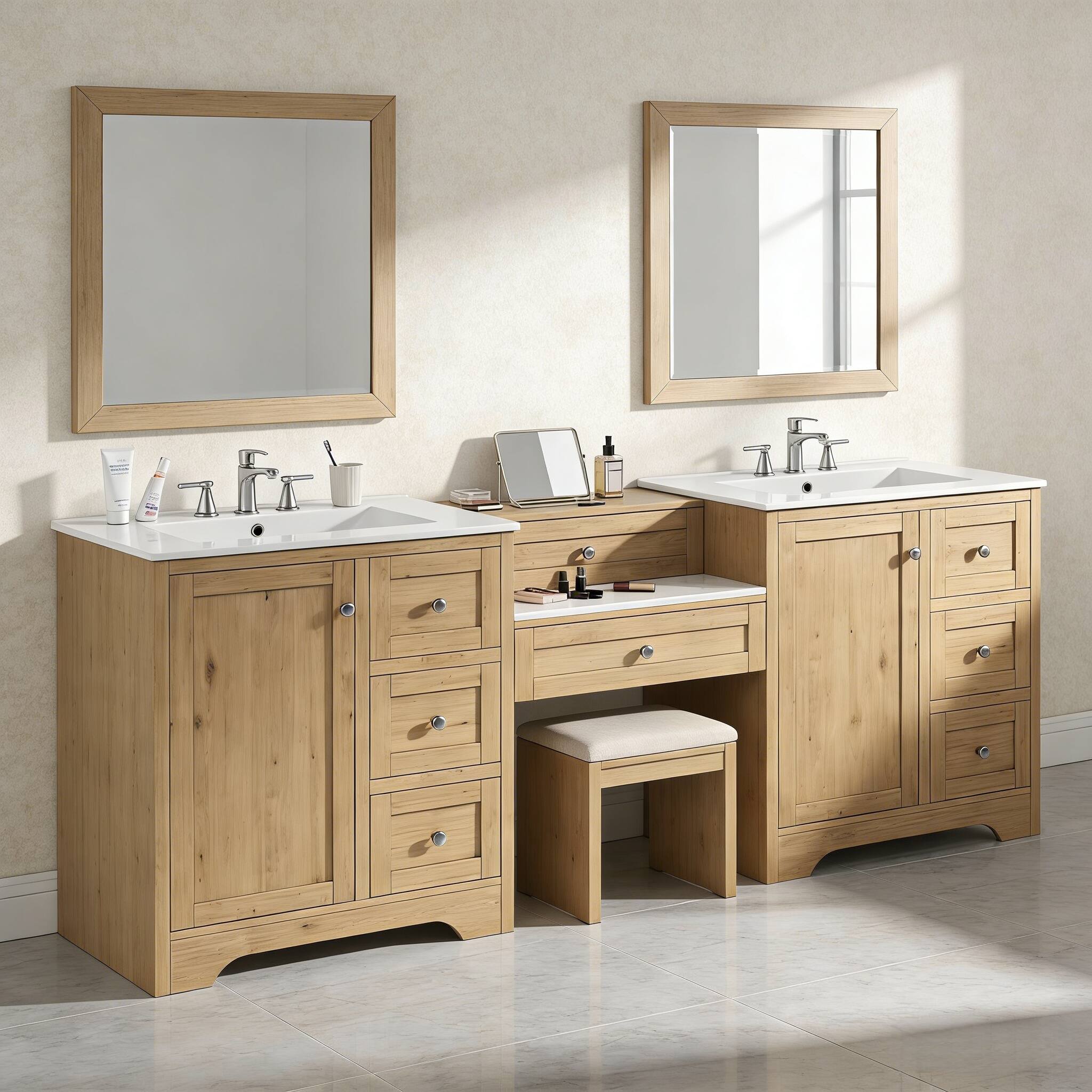 Back. Loheer - 7 ft Double Sink Bathroom Vanity with Engineered Stone Top, 6 Drawers, Soft-Close Storage for Bath - Wood.