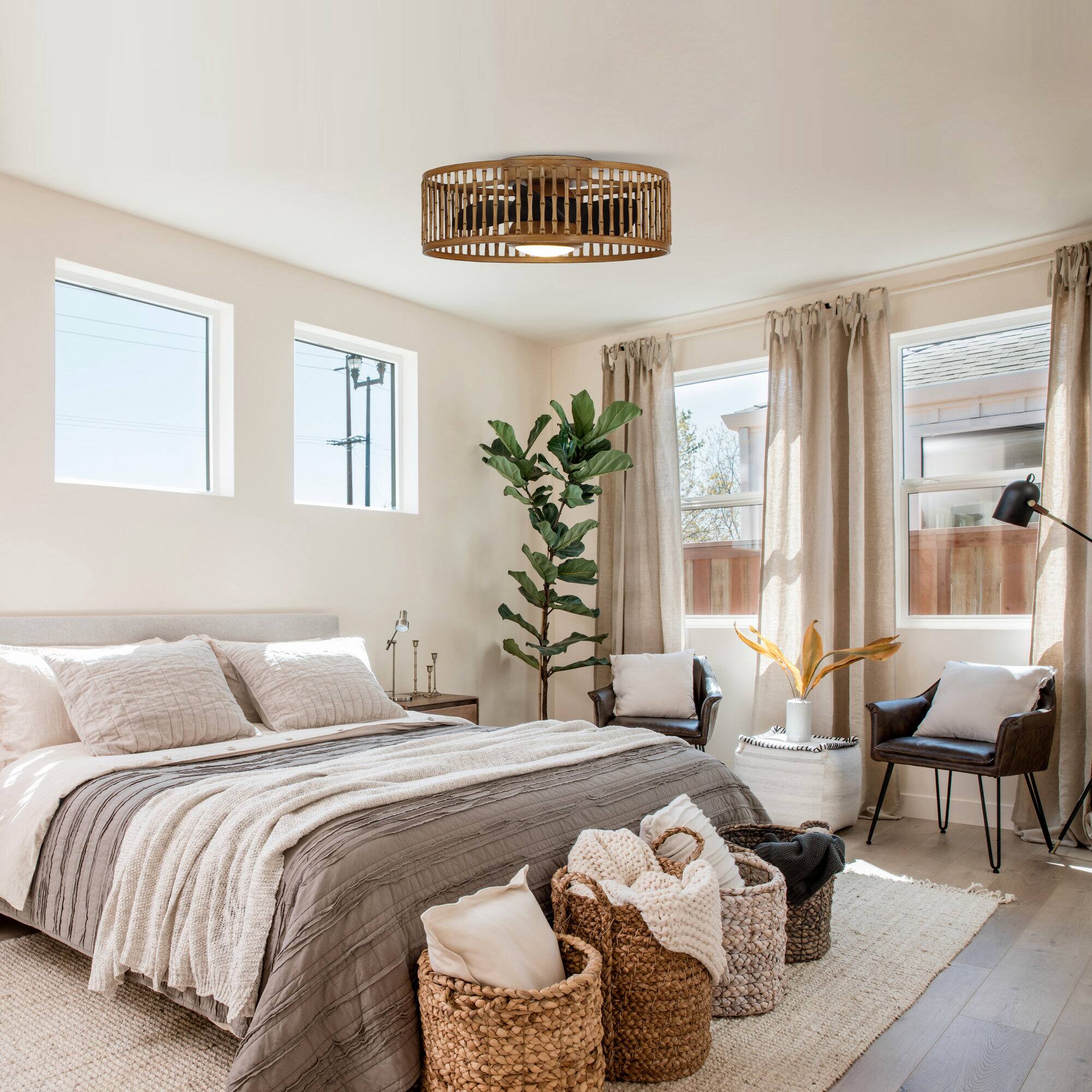 Back. Parrot Uncle - 20" Farmhouse Brown LED Flush Mount Ceiling Fan with Lights and Remote Control - Brown.