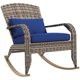 Outsunny - Outdoor Wicker Adirondack Rocking Chair, Patio Rattan Rocker Chair with High Back, Seat Cushion, and Pillow - Dark Blue