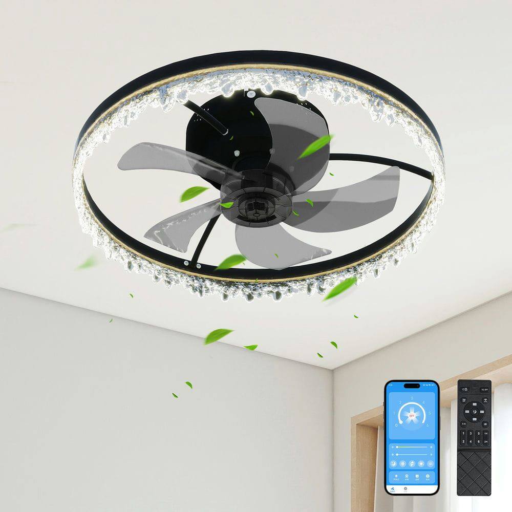 Alt View 5. Kadyn - Smart Flush Mount Ceiling Fan with Light – 20-inch Integrated LED Chandelier with 5 Invisible Blades, Black - Black.