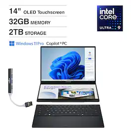 ASUS - Zenbook DUO 2-in-1 Laptop 14.0 WUXGA (Intel Ultra 9-285H, 32GB LPDDR5X, 2TB PCIe SSD, Win 11 Pro) w/USB Hub - Inkwell Gray