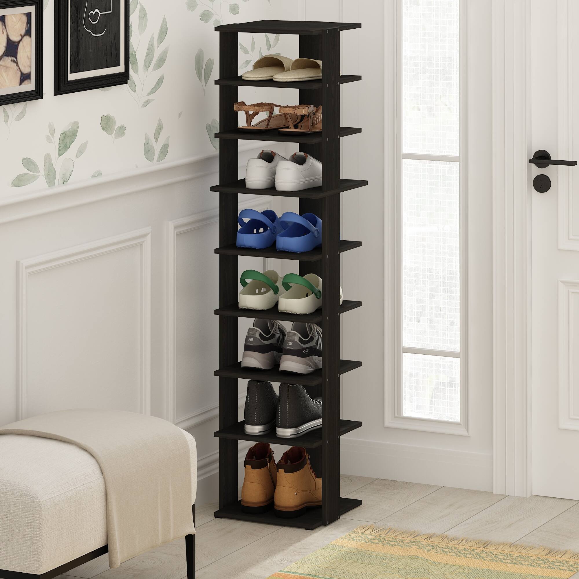 Alt View 5. Furinno - Compact 9-Tier Vertical Space Saving Free Standing Shoe Tower, Shoe Rack for Closet Entryway - Espresso.