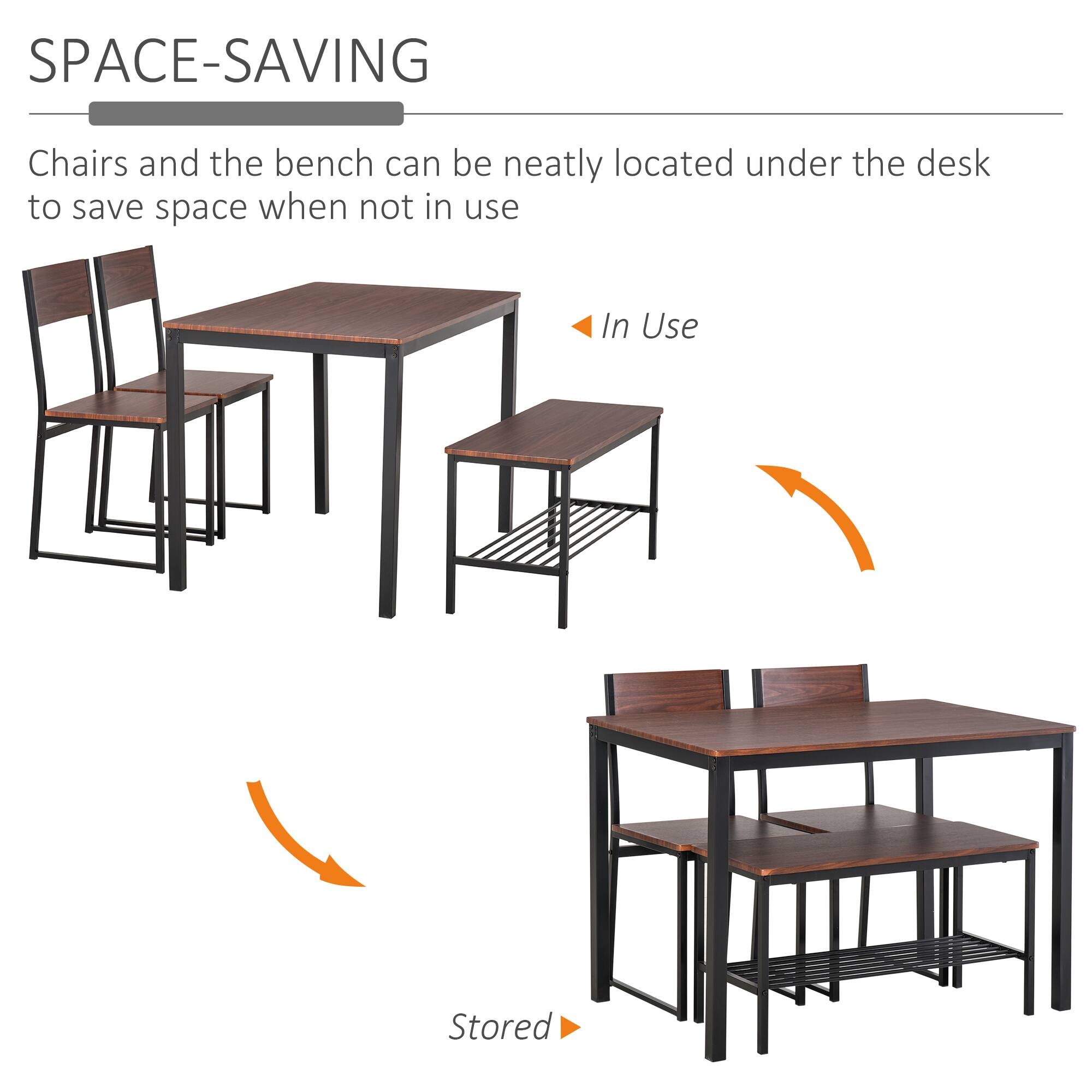 SPACE-SAVING

Chairs and the bench can be neatly located under the desk to save space when not in use

In Use

Stored