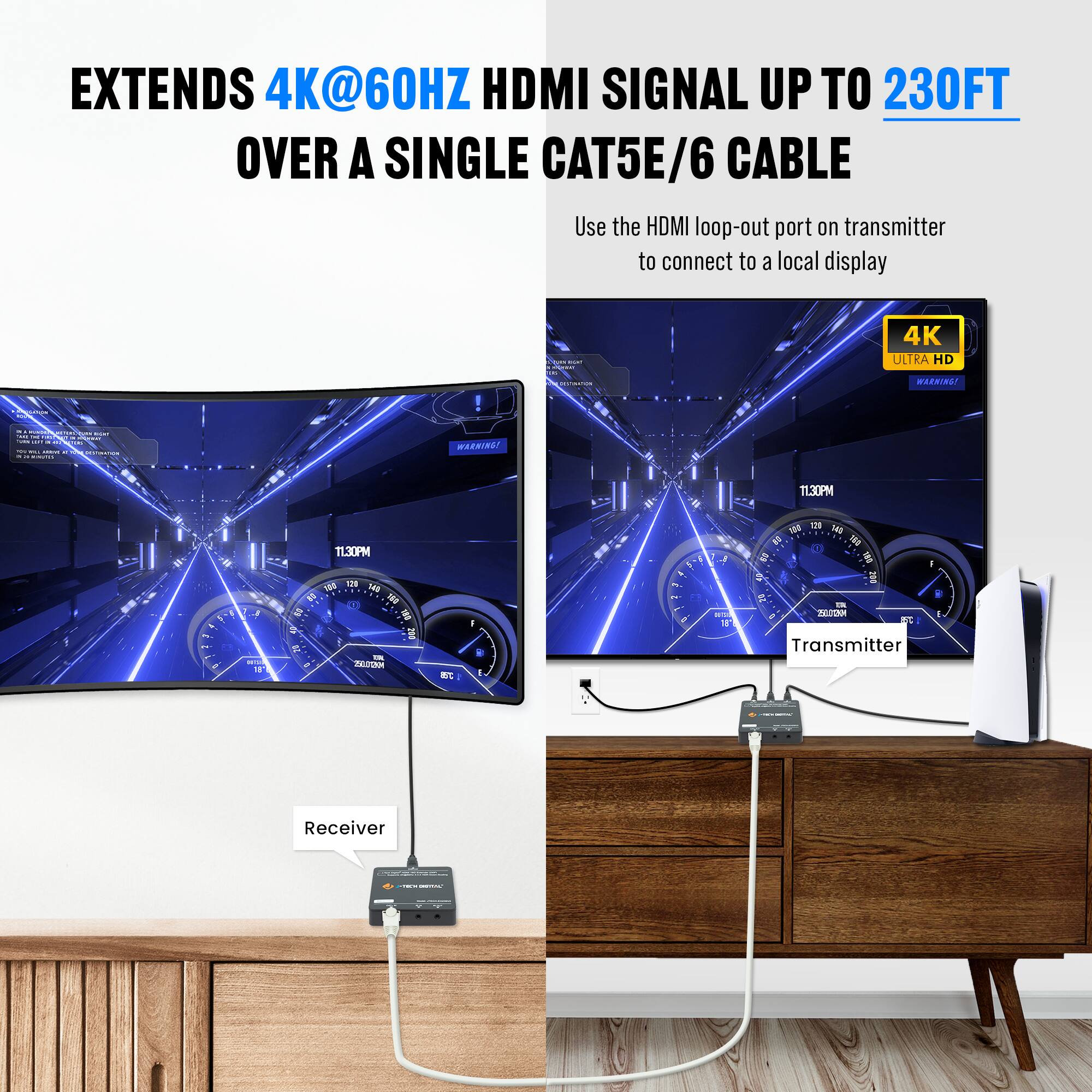EXTENDS 4K@60HZ HDMI SIGNAL UP TO 230FT OVER A SINGLE CAT5E/6 CABLE

Use the HDMI loop-out port on transmitter to connect to a local display

4K ULTRA HD