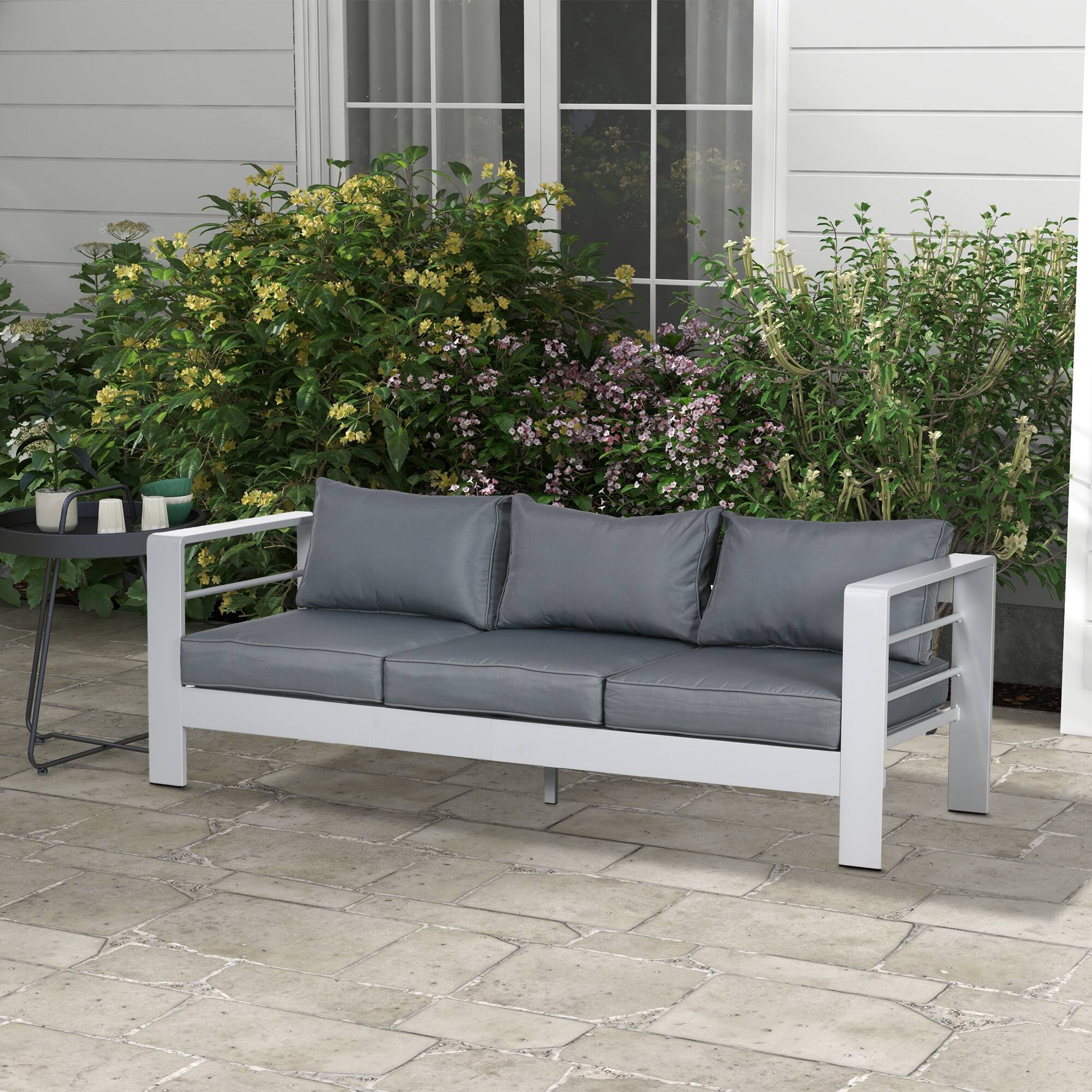 Alt View 1. Outsunny - 69" Modern Patio Furniture with Thick Padded Cushions, 3 Seater Aluminum Outdoor Sofa with Wide Armrests - Gray.