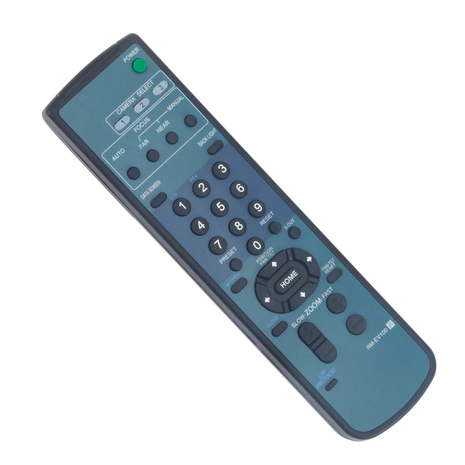 POWER  
CAMERA SELECT  
1 2 3  
FOCUS  
AUTO FAR NEAR BACK LIGHT  
MANUAL  
DATA SCREEN  
STD 1 5 9 4 8  
RESET S-OUT  
PRESET POSITION  
PAN PAN-TILT  
M-OPEN HOME  
FAST CLOSE  
SLOW-ZOOM  
SLOW L/R  
SET DIRECTION  
SET XC  
RM-EV100