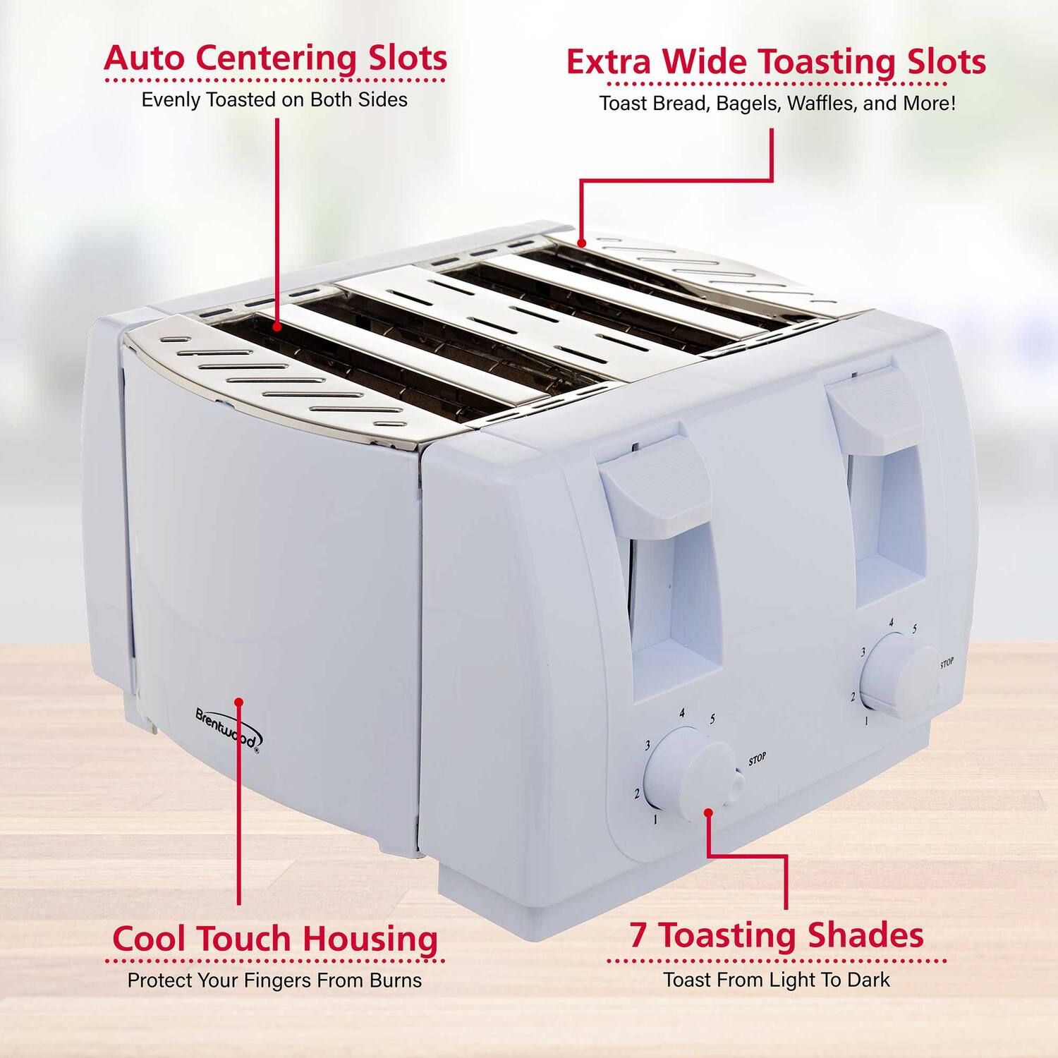 Auto Centering Slots  
Evenly Toasted on Both Sides  

Extra Wide Toasting Slots  
Toast Bread, Bagels, Waffles, and More!  

Cool Touch Housing  
Protect Your Fingers From Burns  

7 Toasting Shades  
Toast From Light To Dark