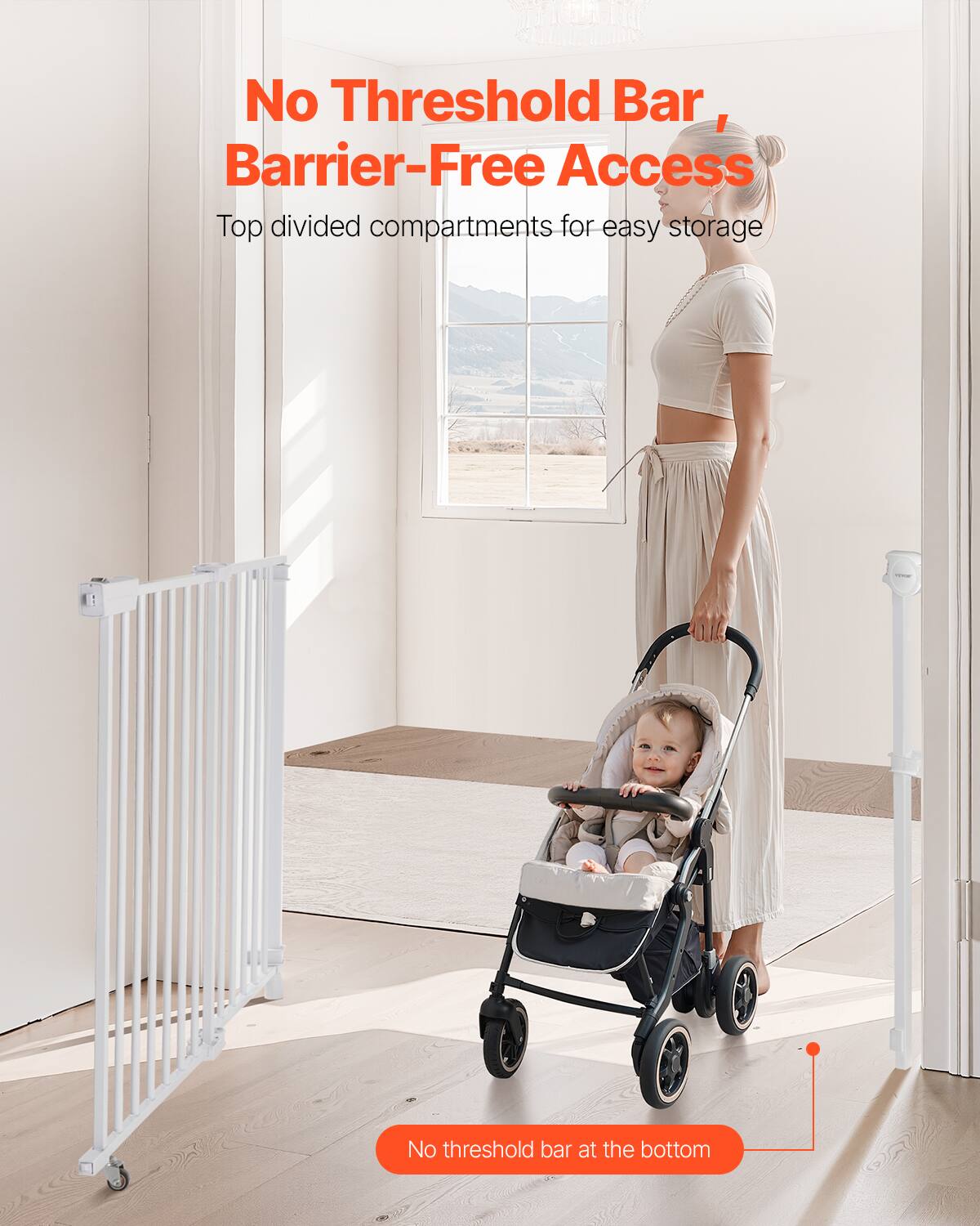 No Threshold Bar, Barrier-Free Access. Top divided compartments for easy storage. No threshold bar at the bottom.