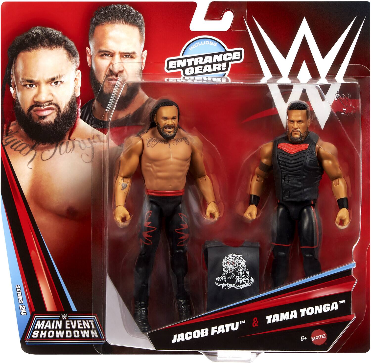 "2 Ways to Play! Includes Entrance Gear! Main Event Showdown Series 24 Main Event Showdown Tama Tonga™ & Jacob Fatu™ 6+ Mattel"