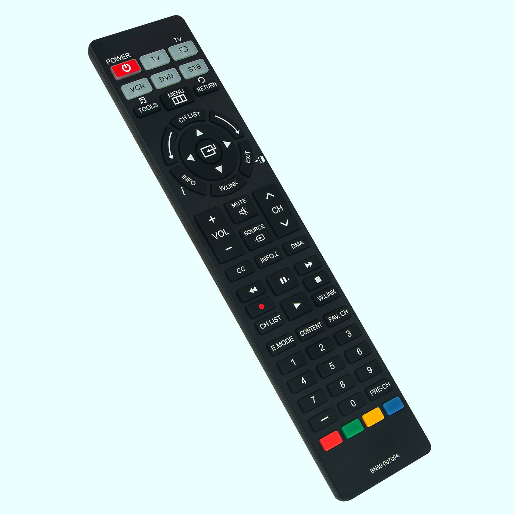 TV POWER TV STB DVD VCR MENU RETURN TOOLS CH LIST INFO EXIT 0- WLINK MUTE CH VOL SOURCE DMA INFO.L L CC W.LINK CH LIST FAV.CH CONTENT E.MODE 1 2 3 4 5 6 7 8 9 0 PRE-CH BN59-00700A