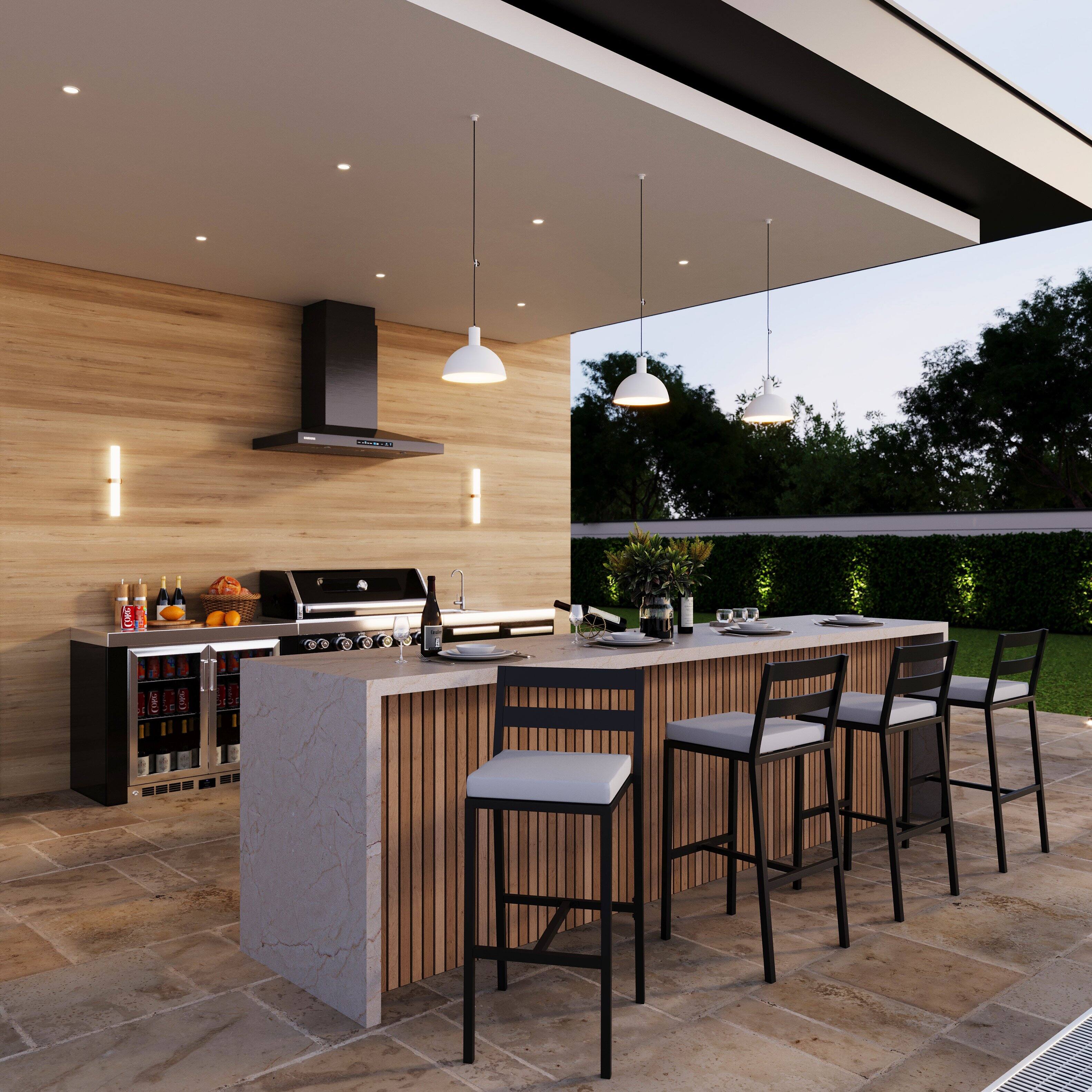 Angle. LeisureMod - Chelsea 2-PCS Modern Patio Barstool, Rust-Proof Aluminum Low Back Outdoor Bar Stool with Olefin Cushion - Light Grey.