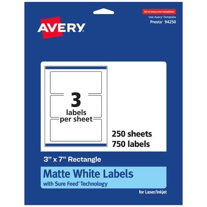 Go to avery.com/templates
AVERY
Use Avery™ Template Presta® 94250
3 labels per sheet
250 sheets
750 labels
3" x 7" Rectangle Matte White Labels with Sure Feed Technology for Laser/Inkjet