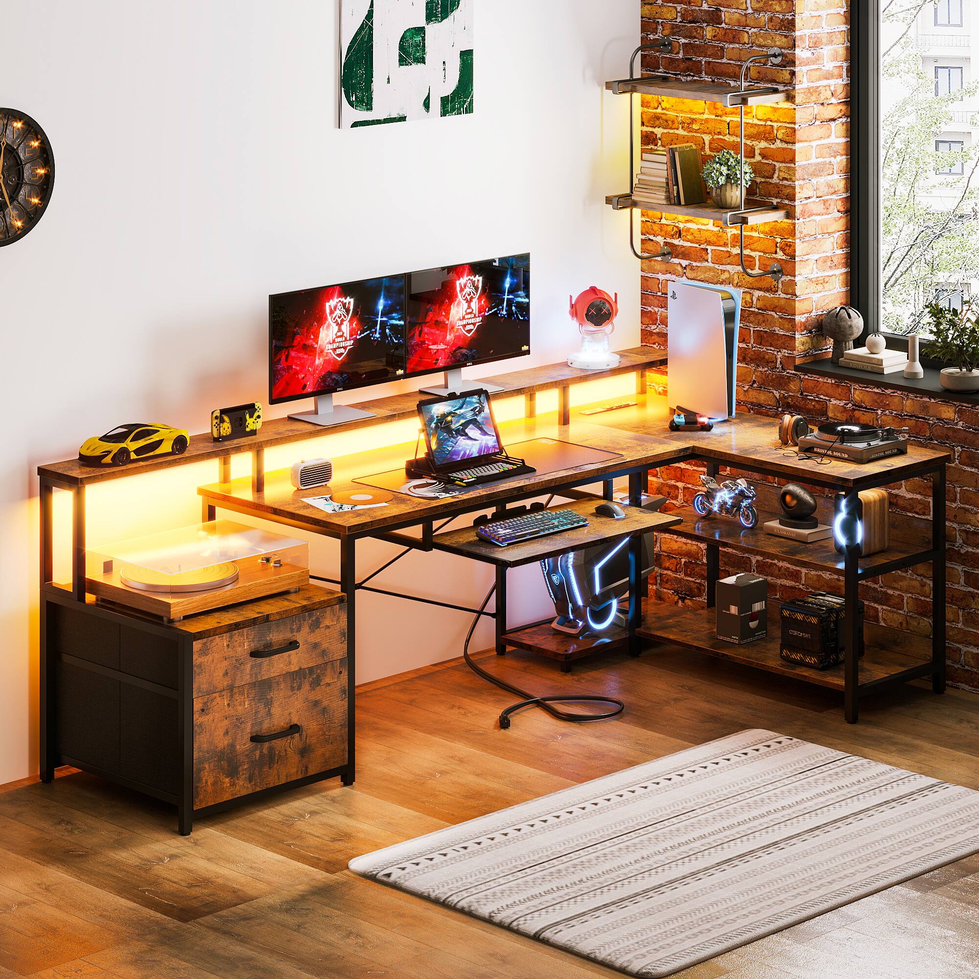 Alt View 1. AODK - L-Shaped Reversible Computer Desk with LED Lights, File Drawer, Power Outlets, Storage Shelves & Keyboard Tray - Brown.