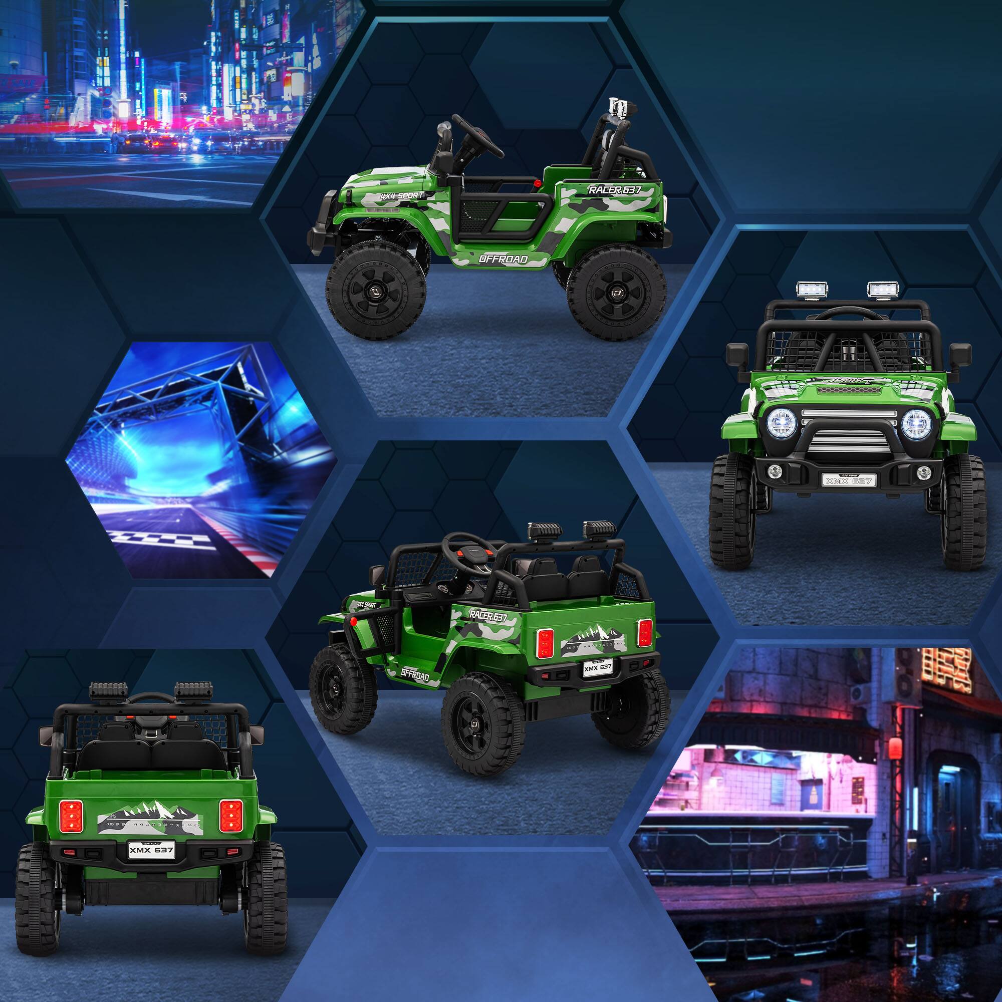 Sure, here is the corrected and grouped text from the image:

1. **Top Left:**
   - "RALEK 637"
   - "OFFROAD"

2. **Top Right:**
   - "RALEK 637"
   - "OFFROAD"

3. **Middle Left:**
   - "XMX 637"
   - "OFFROAD"

4. **Middle Right:**
   - "RALEK 637"
   - "OFFROAD"

5. **Bottom Left:**
   - "XMX 637"
   - "OFFROAD"

6. **Bottom Right:**
   - "RALEK 637"
   - "OFFROAD"

The text is consistent across the vehicles, with slight variations in the model names and the "OFFROAD" label.
