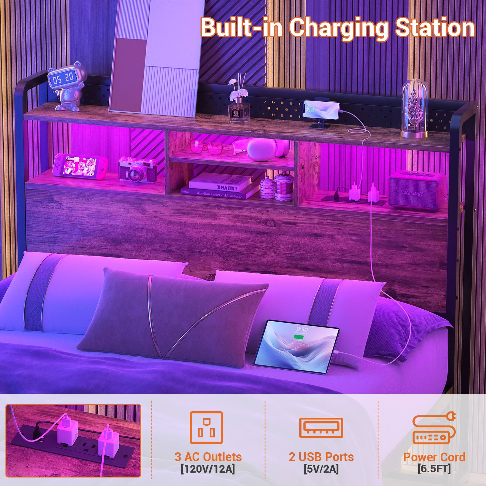Built-in Charging Station

- 3 AC Outlets [120V/12A]
- 2 USB Ports [5V/2A]
- Power Cord [6.5FT]