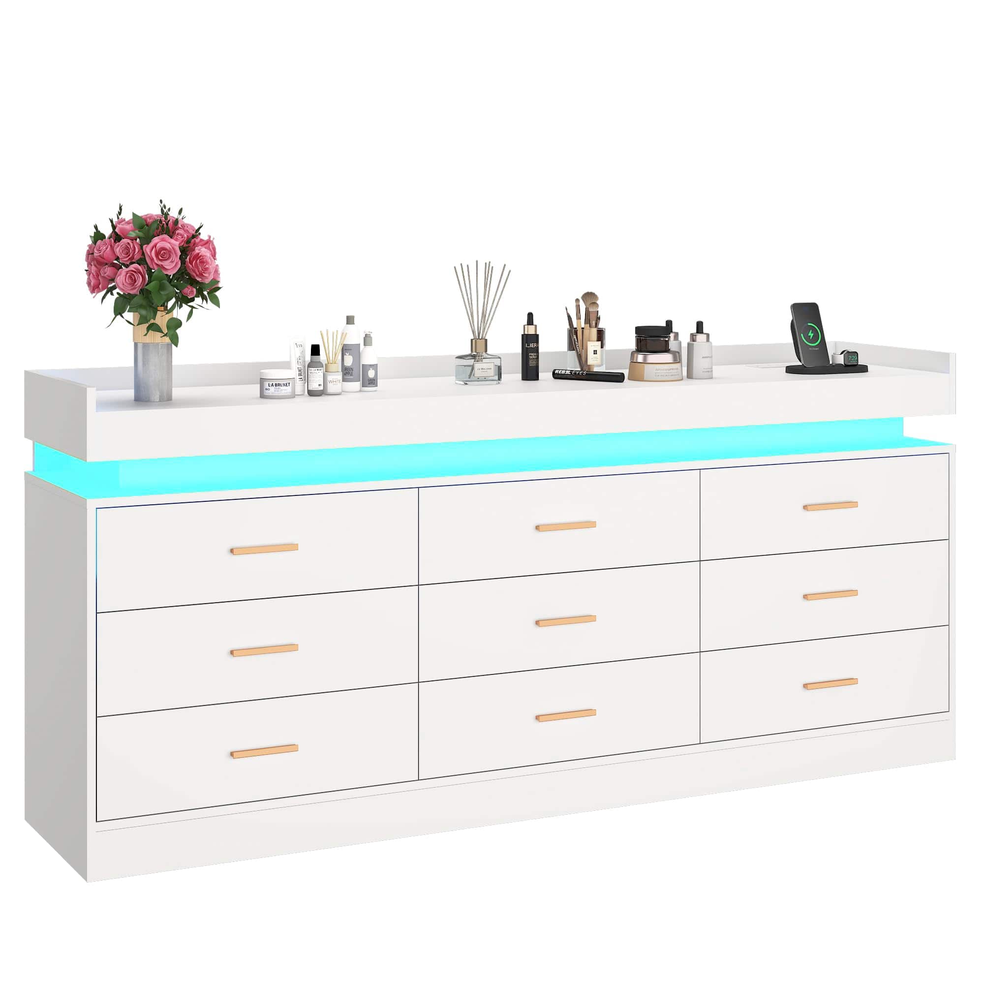 Espafurni 9 Drawer Dresser with LED Light and Charging Station, 63