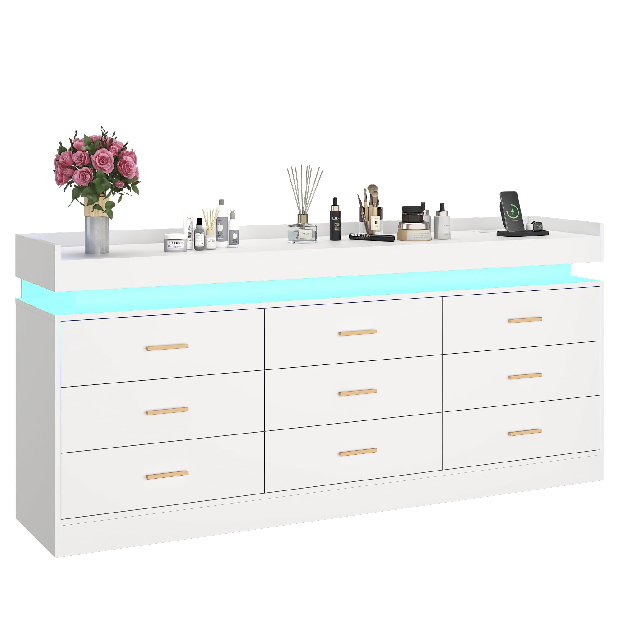 Alt View 7. Espafurni - 9 Drawer Dresser with LED Light and Charging Station, 63" Modern Chest of Drawers for Closet, Wide Drawer Organizer Cabi - White.
