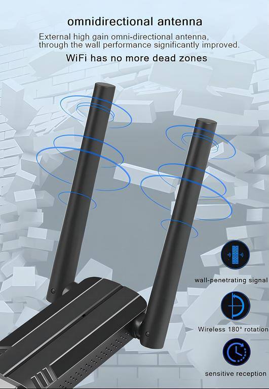 omnidirectional antenna

External high gain omni-directional antenna, through the wall performance significantly improved.

WiFi has no more dead zones

wall-penetrating signal

Wireless 180° rotation

sensitive reception