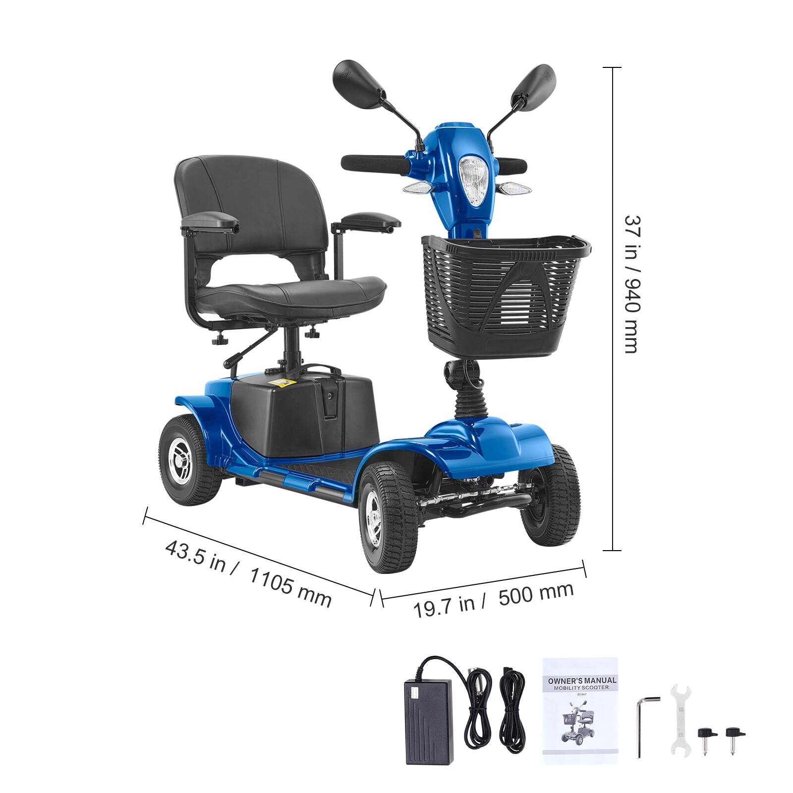 37 in / 940 mm  
43.5 in / 1105 mm  
19.7 in / 500 mm  

OWNER'S MANUAL  
MOBILITY SCOOTER