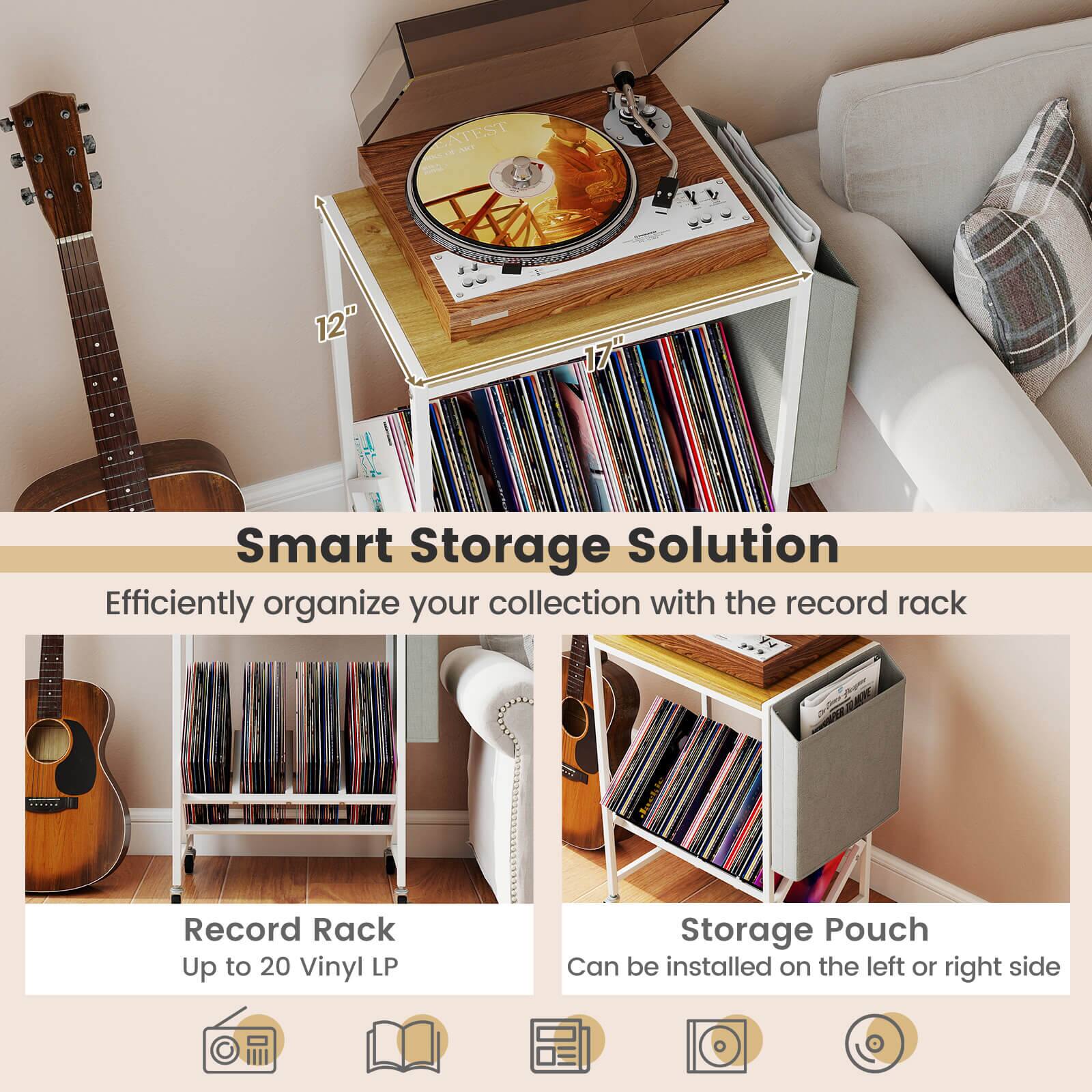 Smart Storage Solution  
Efficiently organize your collection with the record rack  

Record Rack  
Up to 20 Vinyl LP  

Storage Pouch  
Can be installed on the left or right side
