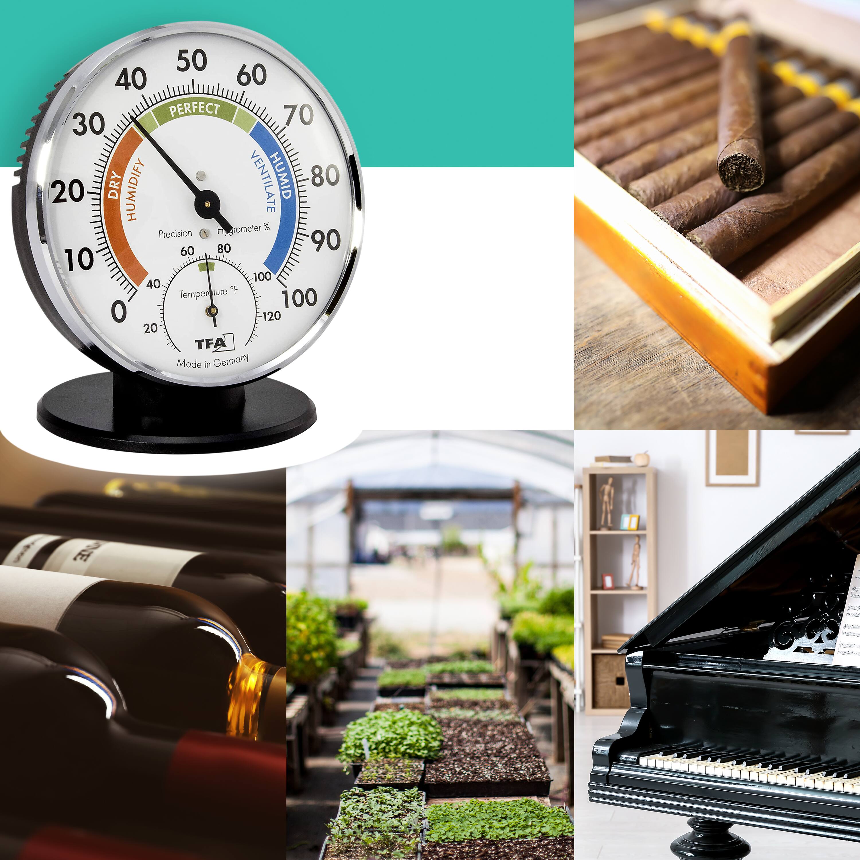 50 40 60 PERFECT 70 30 DRY VENTILATE HUMID 80 20 HUMIDIFY H rometer % Precision 60 80 90 10 100 40 Temperature ture  100 0 120 20 TFA Made in Germany