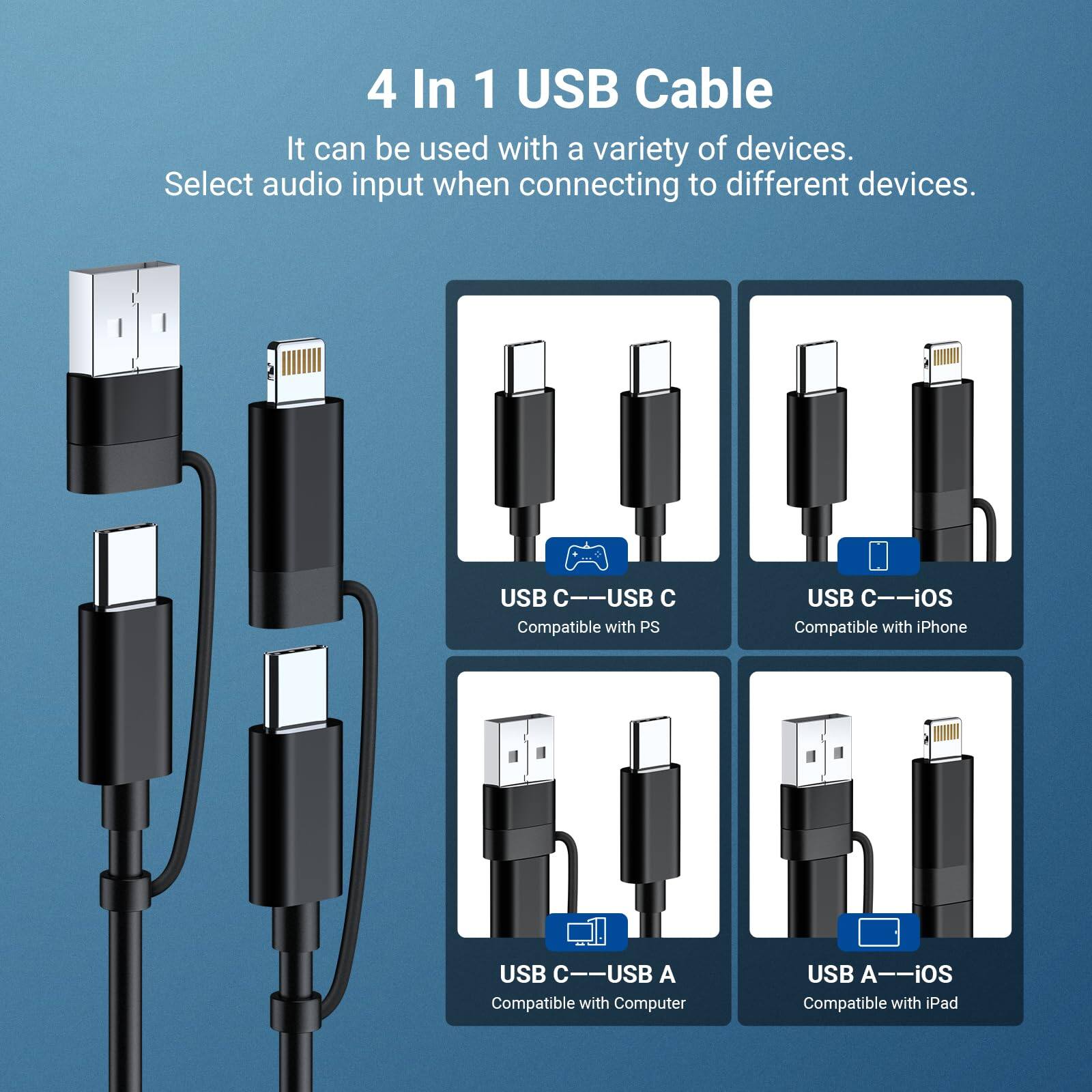 4 In 1 USB Cable

It can be used with a variety of devices. Select audio input when connecting to different devices.

- USB C--USB C: Compatible with PS
- USB C--iOS: Compatible with iPhone
- USB C--USB A: Compatible with Computer
- USB A--iOS: Compatible with iPad