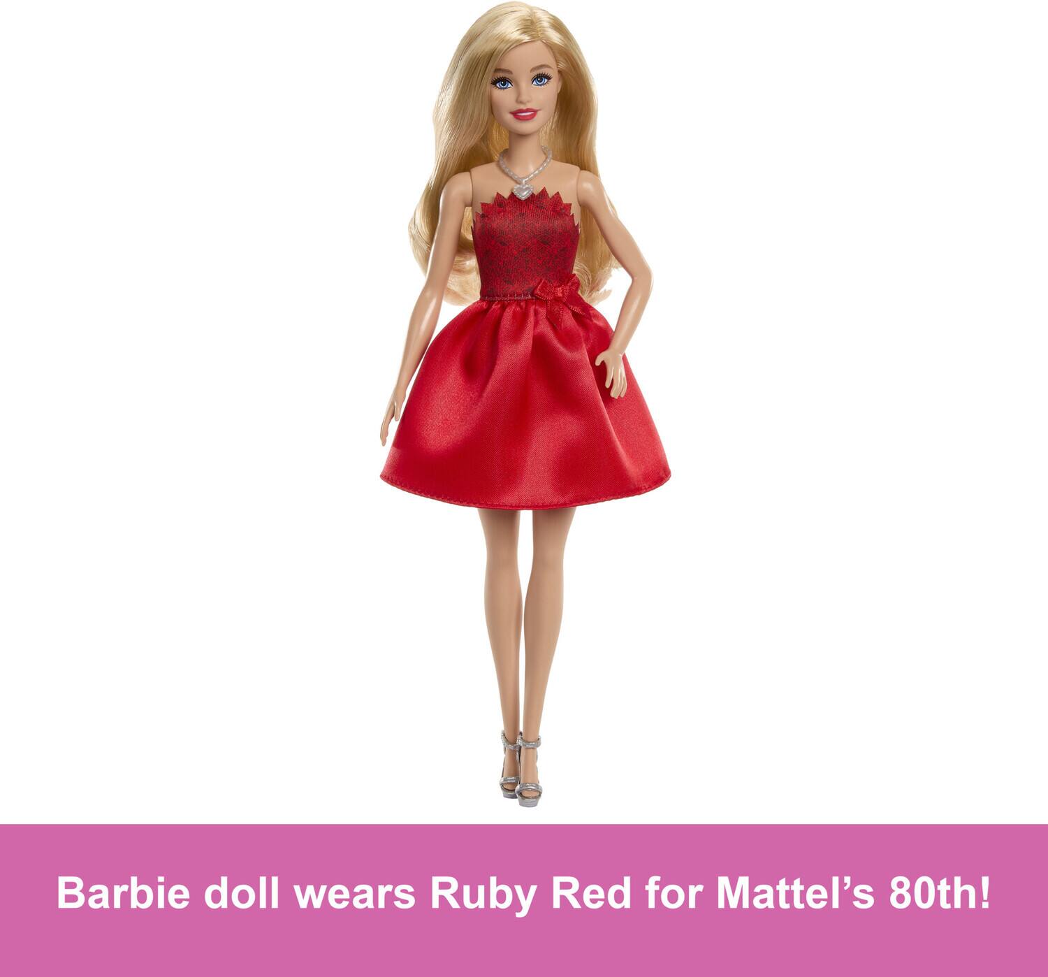 Barbie doll wears Ruby Red for Mattel's 80th!