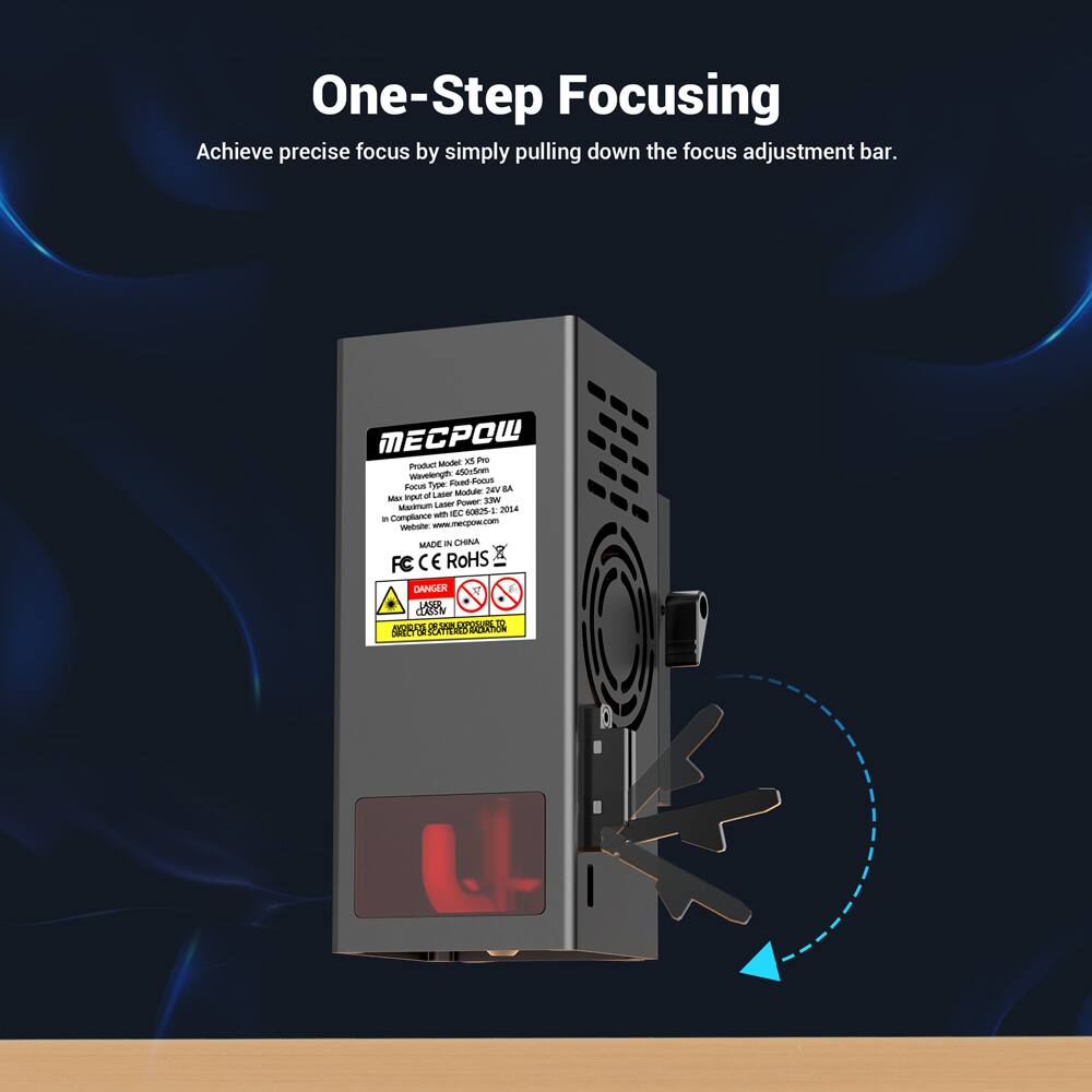 One-Step Focusing  
Achieve precise focus by simply pulling down the focus adjustment bar.  

Product Model: KS Pro  
Focus Type: Fixed Focus  
Max. Input Laser Power: 30W  
Compliance: 2014  
Website: mecpow.com  
Made in China  
RoHS  
FC CE  

DANGER  
LASER  
WARNING:  
Avoid direct exposure to laser beam.