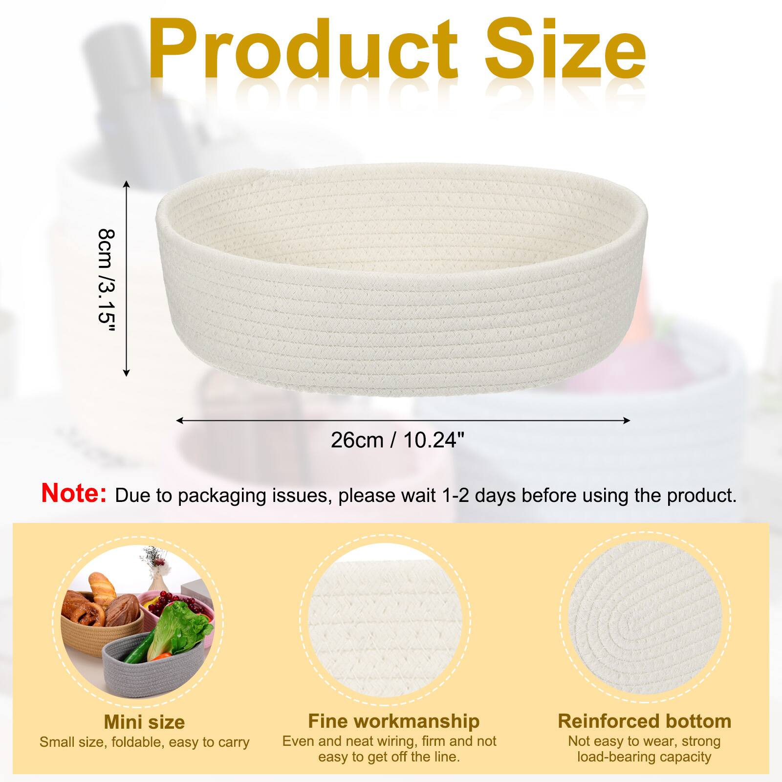 Product Size

8cm / 3.15"  
26cm / 10.24"  

Note: Due to packaging issues, please wait 1-2 days before using the product.

Mini size  
Small size, foldable, easy to carry

Fine workmanship  
Even and neat wiring, firm and not easy to get off the line

Reinforced bottom  
Not easy to wear, strong load-bearing capacity