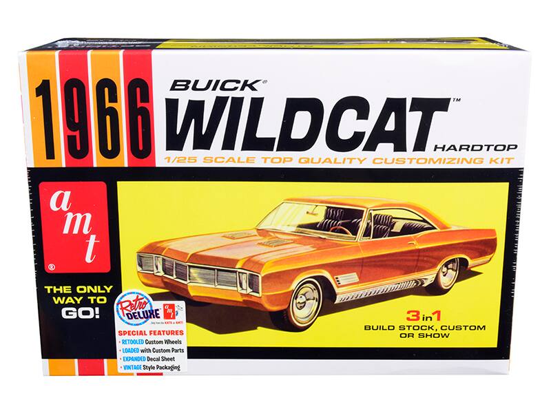 BUICK WILDCAT™ HARDTOP  
1/25 SCALE TOP QUALITY CUSTOMIZING KIT  

a m t  
THE ONLY WAY TO GO!  

SPECIAL FEATURES:  
- RETOOLED Custom Wheels  
- LOADED with Custom Parts  
- EXPANDED Decal Sheet  
- VINTAGE Style Packaging  

3 in 1  
BUILD STOCK, CUSTOM OR SHOW  

Retro DELUXE  
a m t