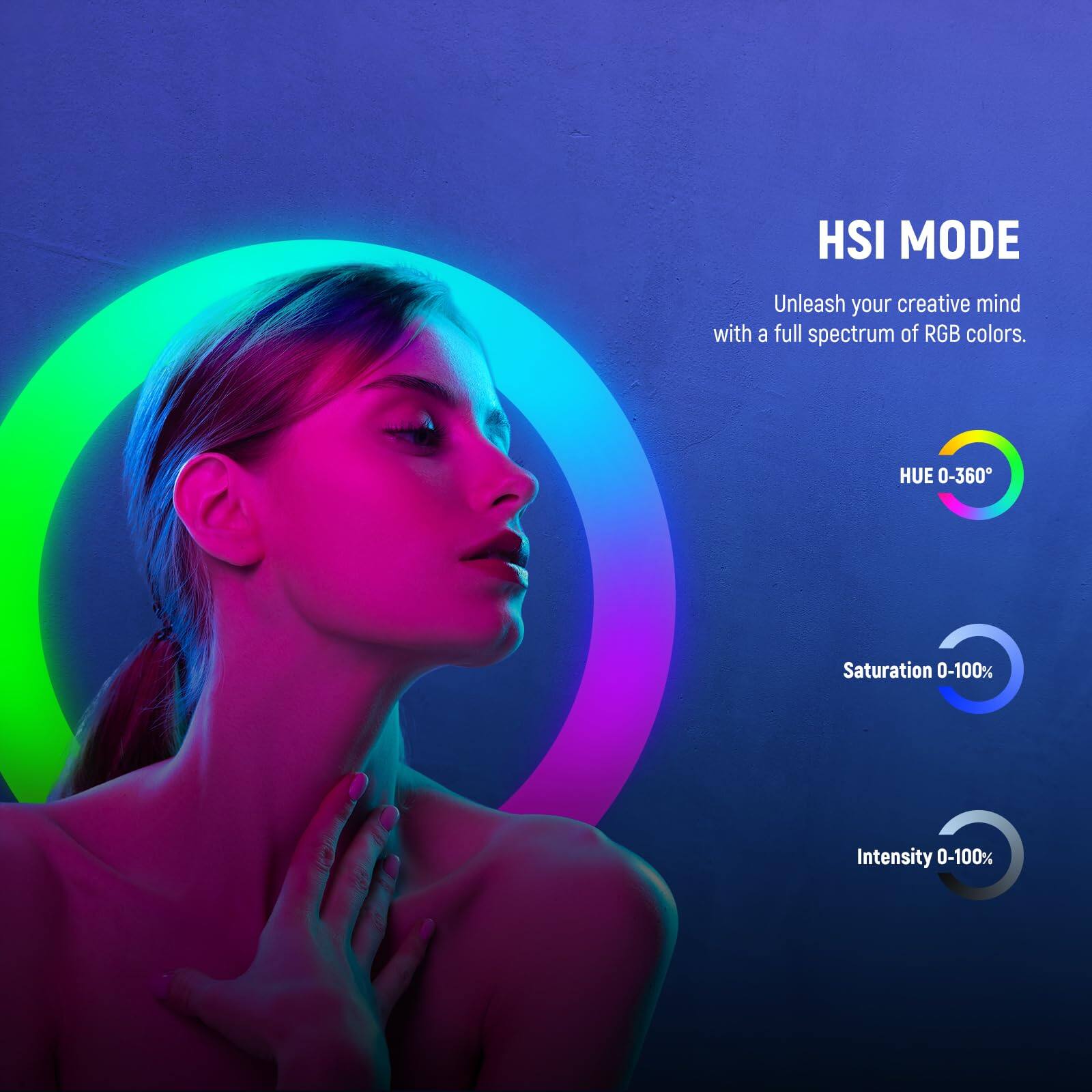 HSI MODE  
Unleash your creative mind with a full spectrum of RGB colors.  
HUE 0-360°  
Saturation 0-100%  
Intensity 0-100%