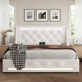 LUCKY ONE - Queen Size Bed Frame with Wingback Upholstered Headboard and 2 Storage Drawers - White