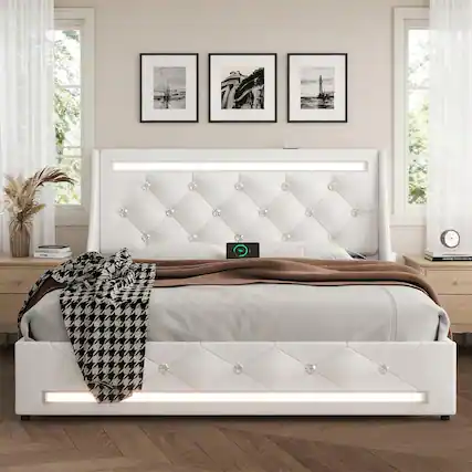 Front. LUCKY ONE - Queen Size Bed Frame with Wingback Upholstered Headboard and 2 Storage Drawers - White.